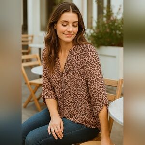 Maurices Semi Sheer Peach And Grey V Neck Leopard Print  Blouse